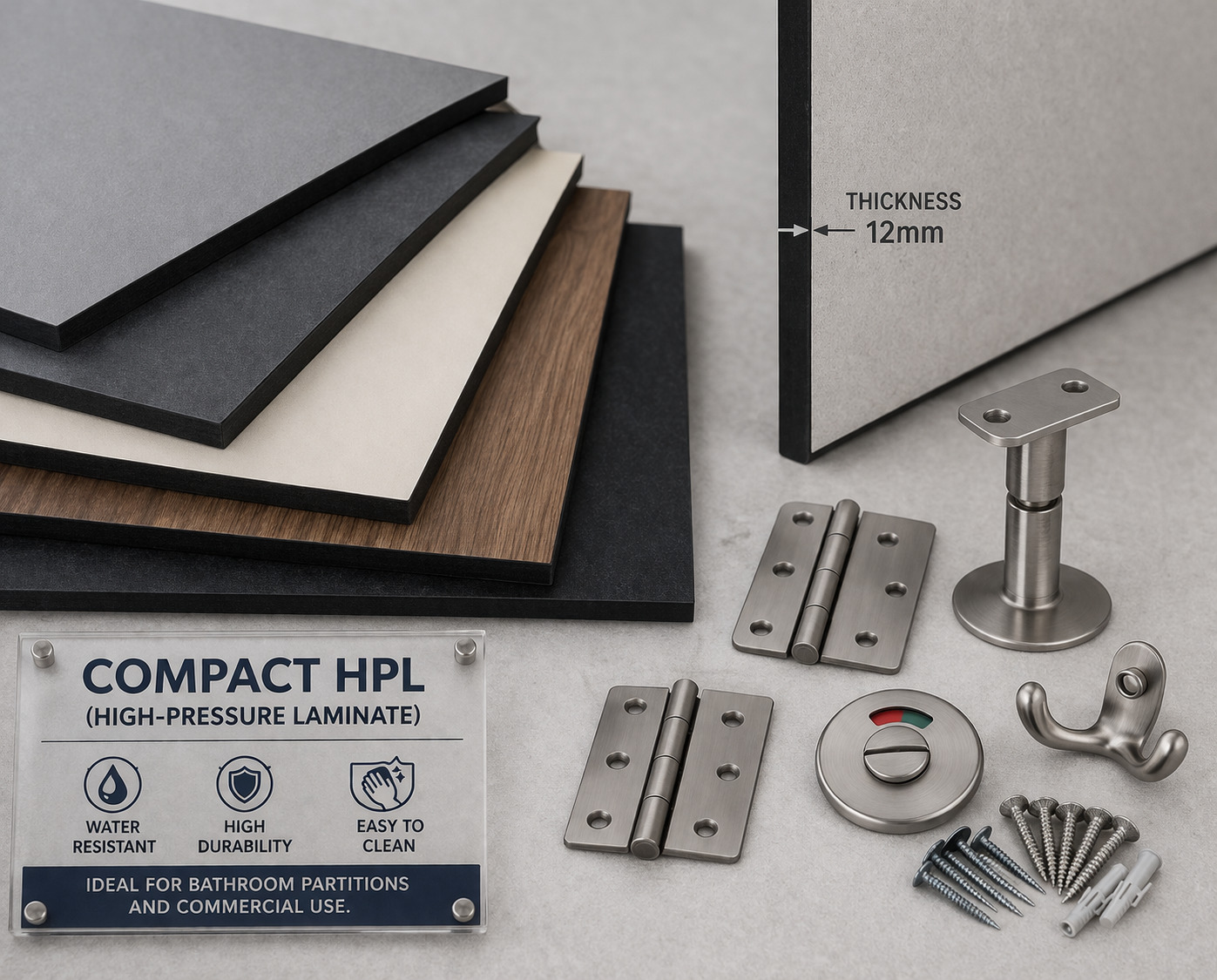 Compact HPL cubicle doors and pilasters in a the First Settlement washroom