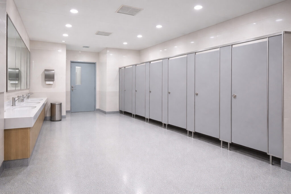 قواطيع حمامات تجارية داخل مستشفى بتصميم عملي ونظيف، توفر خصوصية عالية وسهولة في التعقيم، مع خامات مقاومة للرطوبة والاستخدام المستمر، مناسبة لبيئة طبية تحتاج جودة وتحمل طويل.