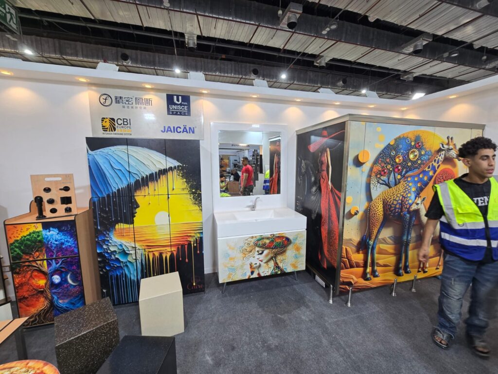 Wide Cafex display by Cairo House EG showing Corian Bathrooms solutions, vanity units, decorative compact panels, finishing material samples, and bathroom installation options for projects in Cairo.