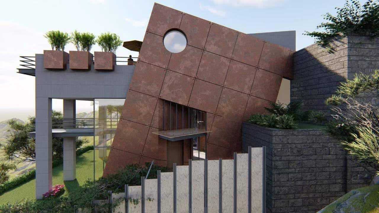 Modern villa facade clad in compact HPL exterior panels with a rusted metal look, showing how weather resistant cladding performs outdoors. Cairo House in New Nozha supplies Compact HPL in Cairo for building facades and elevations.