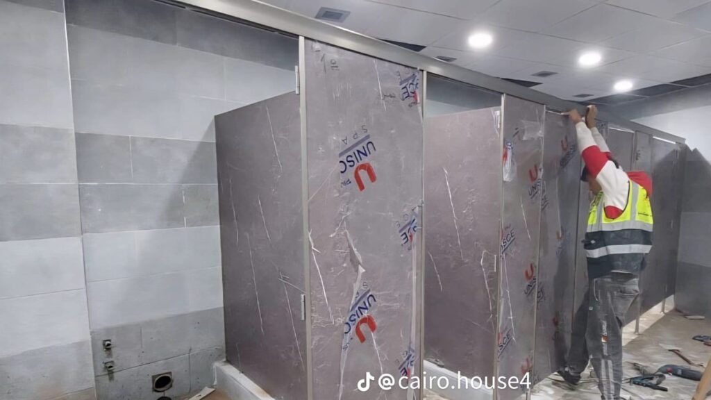 Marble finish compact HPL panels during partition installation in Cairo